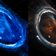 Two versions of Jupiter’s northern aurora. The one on the left is a false color image based on intensity, while the one on the right overlays three different wavelength intensities. (Image: G. Randy Gladstone and Bertrand Bonfond).